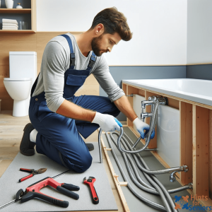 A professional plumber wearing a uniform and gloves installing a walk in tub in a bathroom. The plumber is focused on connecting plumbing lines