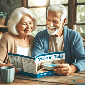 An elderly couple smiling and looking at a brochure for walk-in tubs, sitting together at their dining table. The room is cozy and well-decorated-min