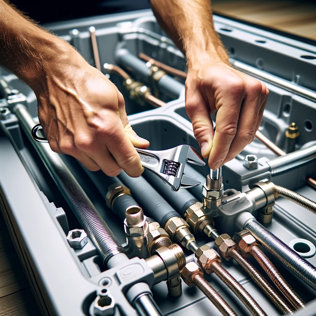 A detailed close-up of a walk in tub technician's hands securing the plumbing connections of a new installation