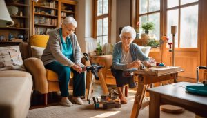 two elderly women working on a craft enjoying benefits of occupational therapy