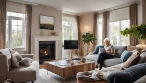 woman using a laptop in her living room for the post senior friendly home automation technologies 